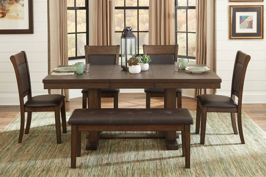 TREATLIFE HOME Transitional 6pc Dining Set with Storing Leaf, Bench and 4 Side Chairs, Light Rustic Brown