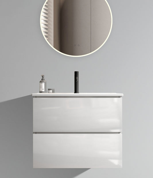 Sleek white modern wallmount bathroom vanity with two drawers and integrated LED mirror
