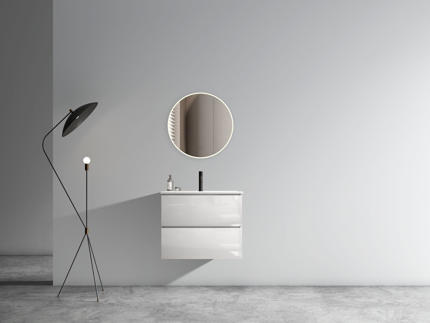 Modern white wallmounted vanity with two drawers and integrated lighting mirror