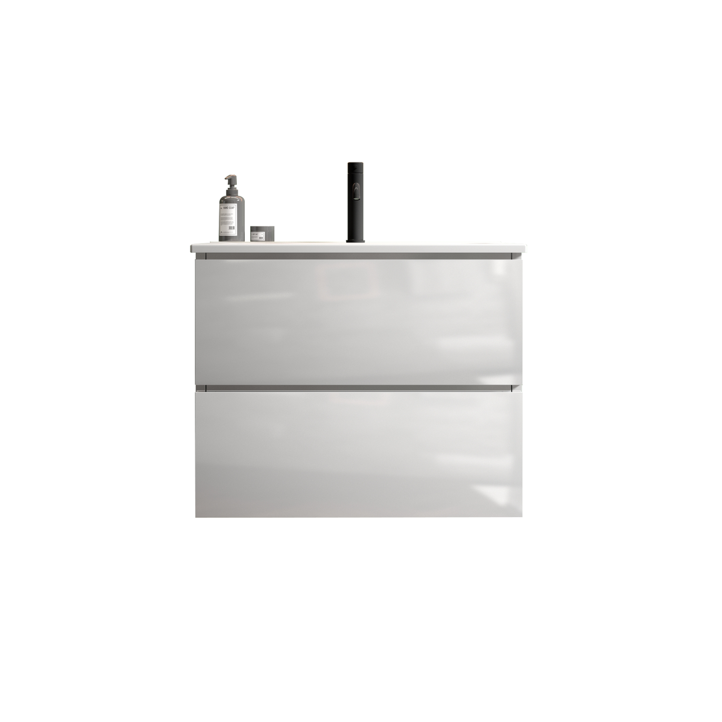 Modern gloss white bathroom vanity unit with two drawers and integrated handles