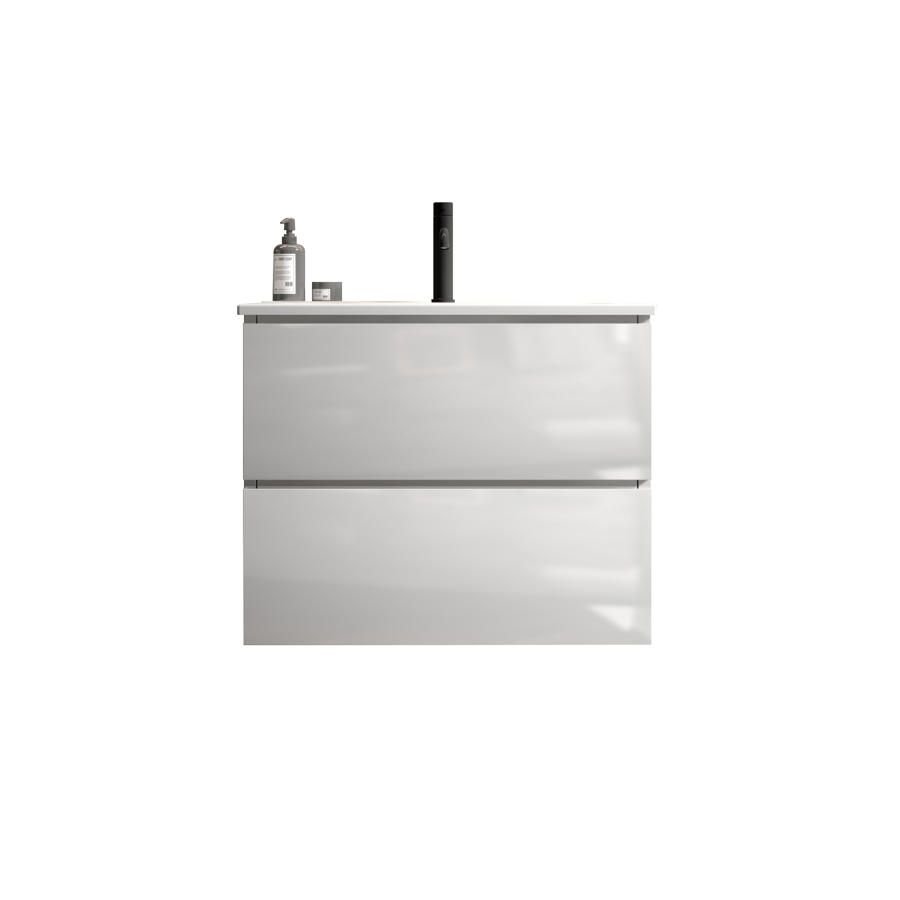 Modern gloss white bathroom vanity unit with two drawers and integrated handles