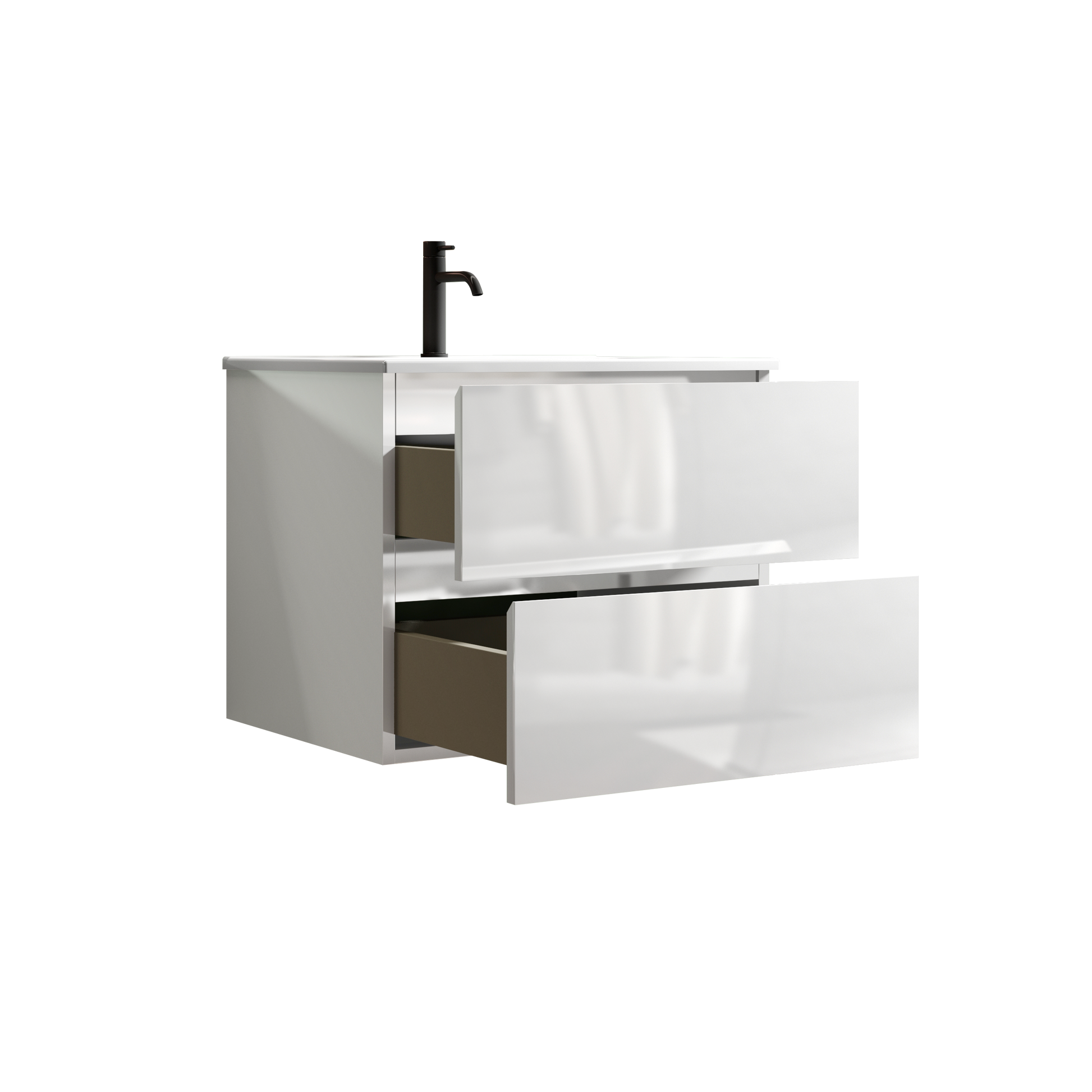 Modern white wallmounted vanity with two open drawers and black faucet