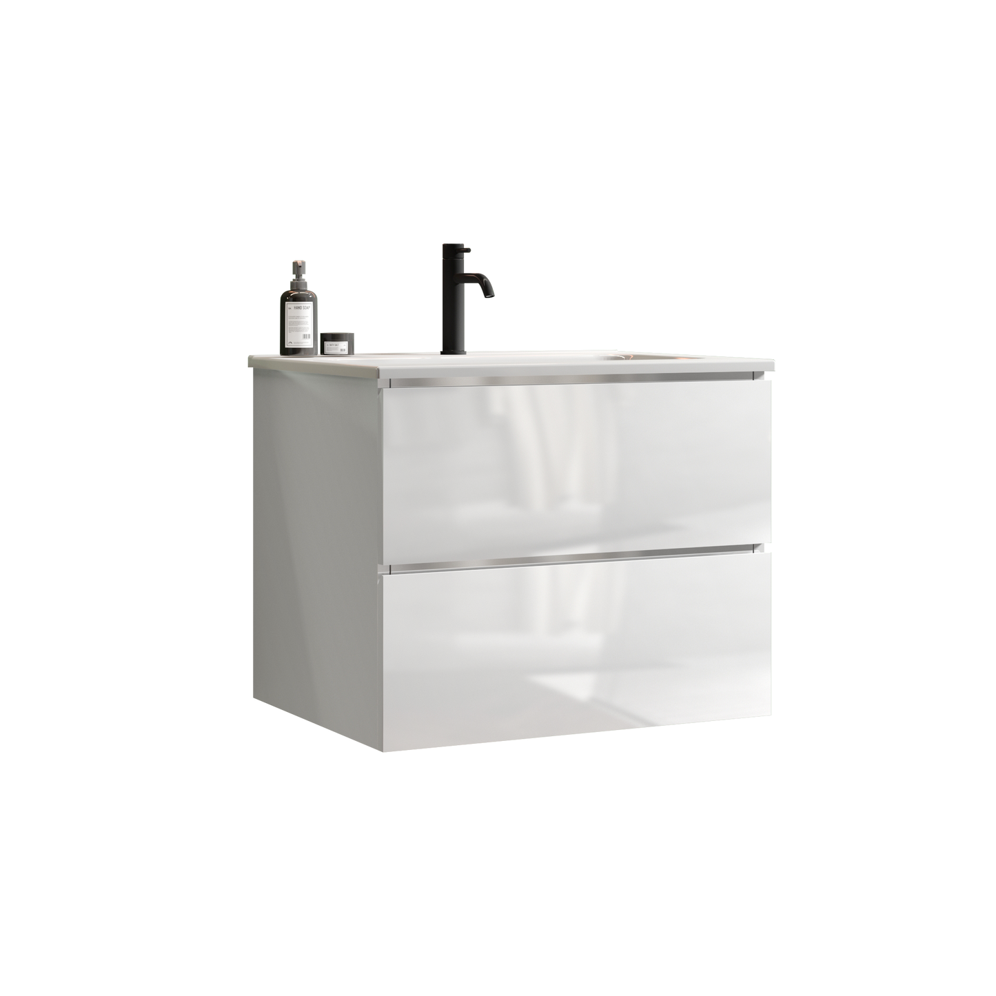 Modern white wallmounted bathroom vanity with black faucet and two drawers