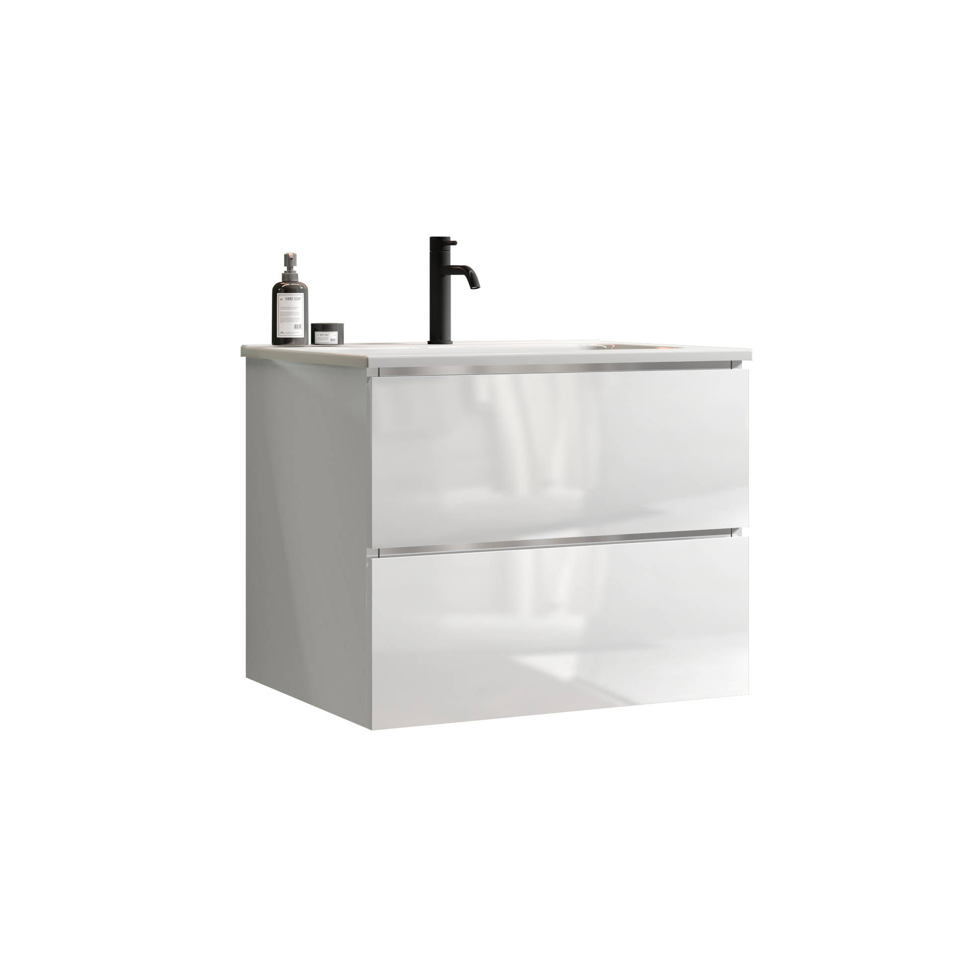Modern white wallmounted bathroom vanity with black faucet and two drawers