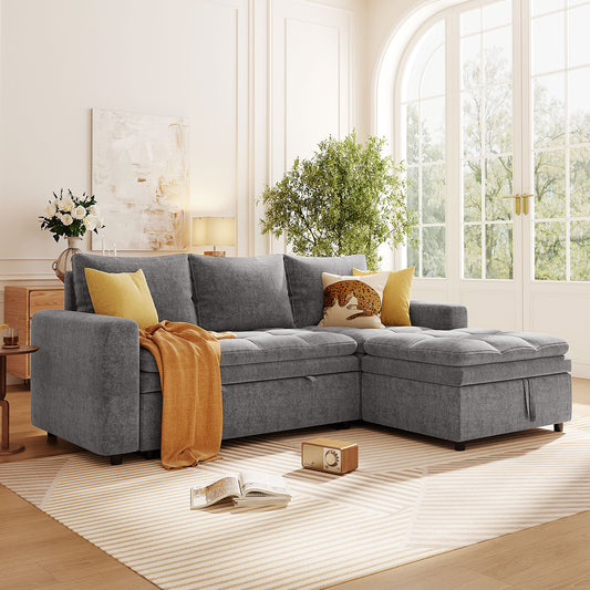 Grey fabric sectional sofa with chaise and tufted cushions for modern living room