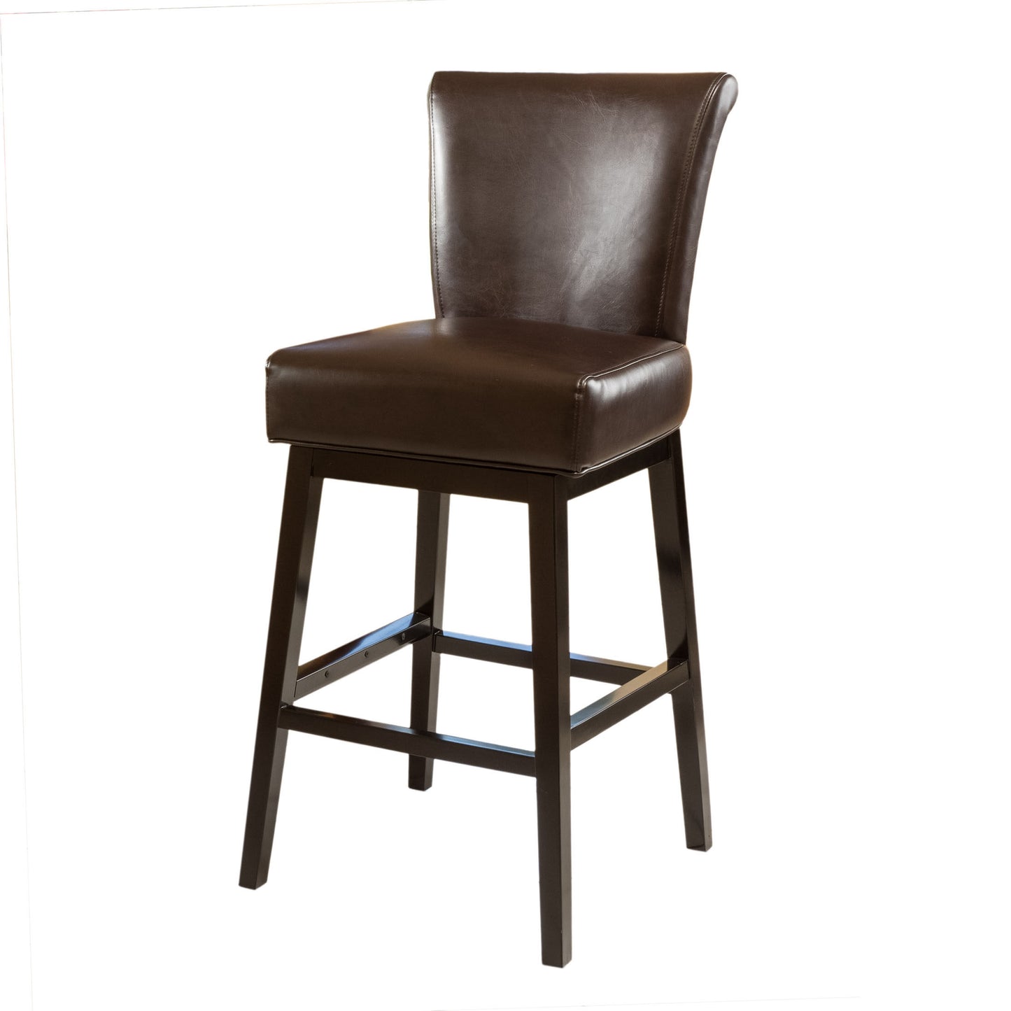 Dark brown leather bar stool with wood base and subtle stitching detail ideal for kitchen islands