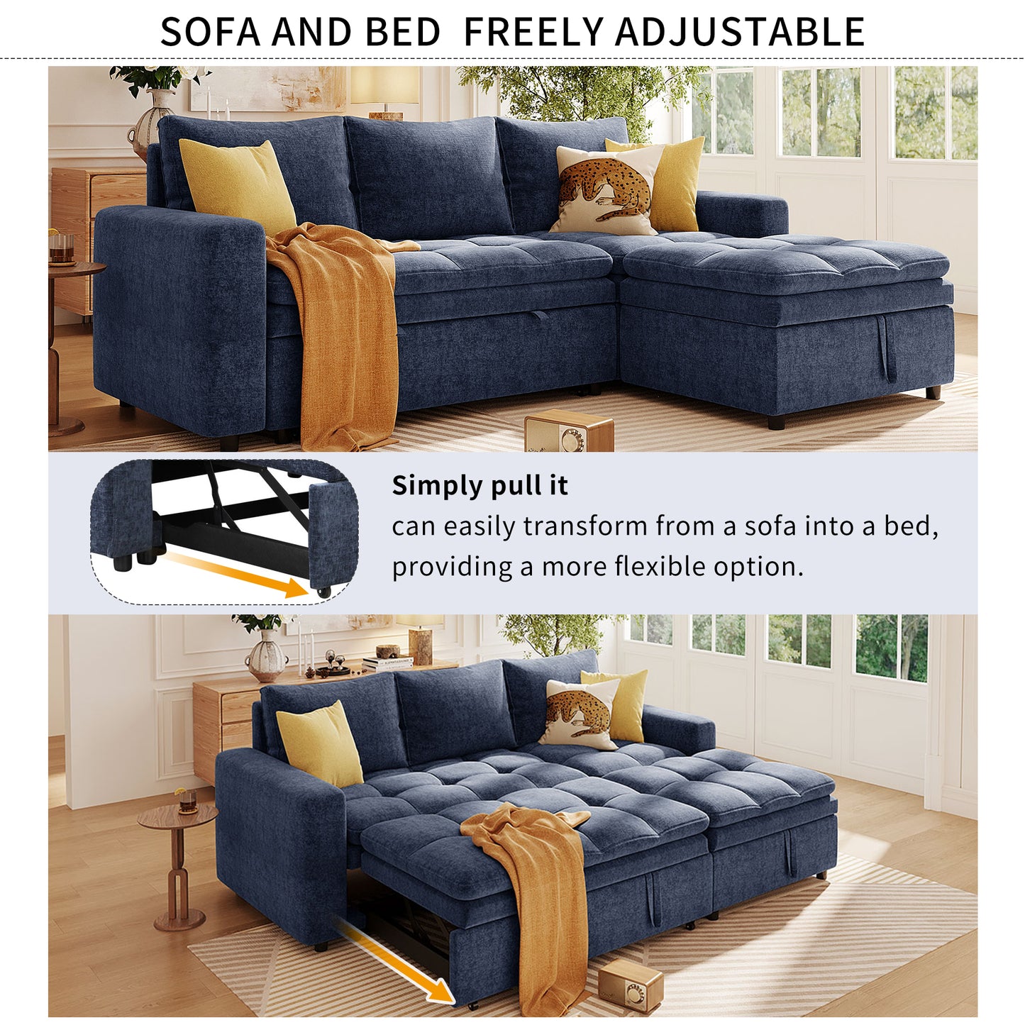 Navy blue sectional sofa bed with tufted cushions convertible to a sleeper