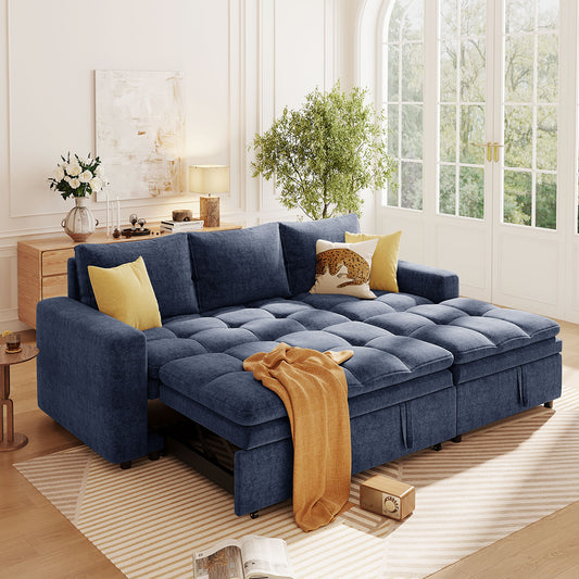 Deep blue sectional sofa with tufted cushions and orange throw featuring hidden storage