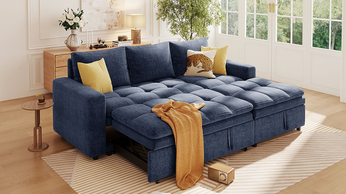 Navy blue sectional sofa bed with tufted cushions perfect for small spaces