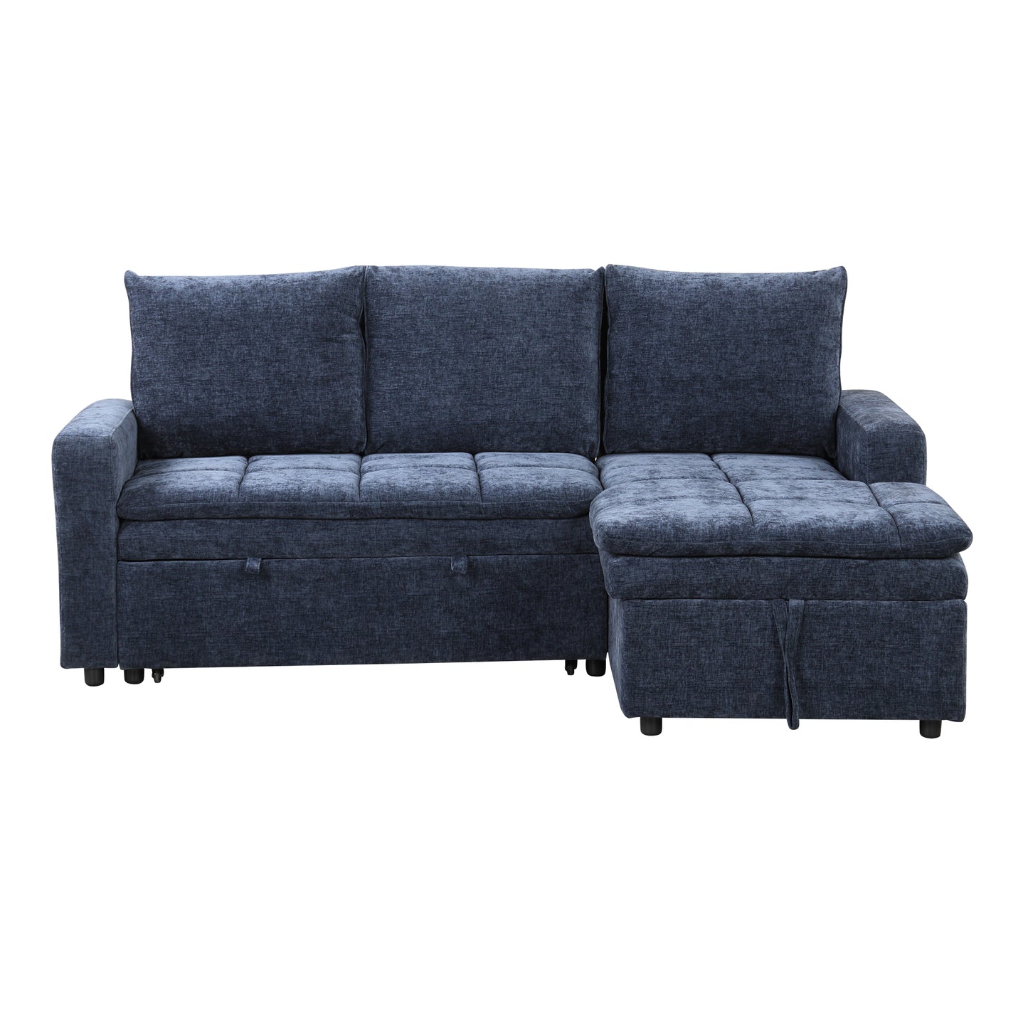 Navy blue fabric sectional sofa with chaise and storage