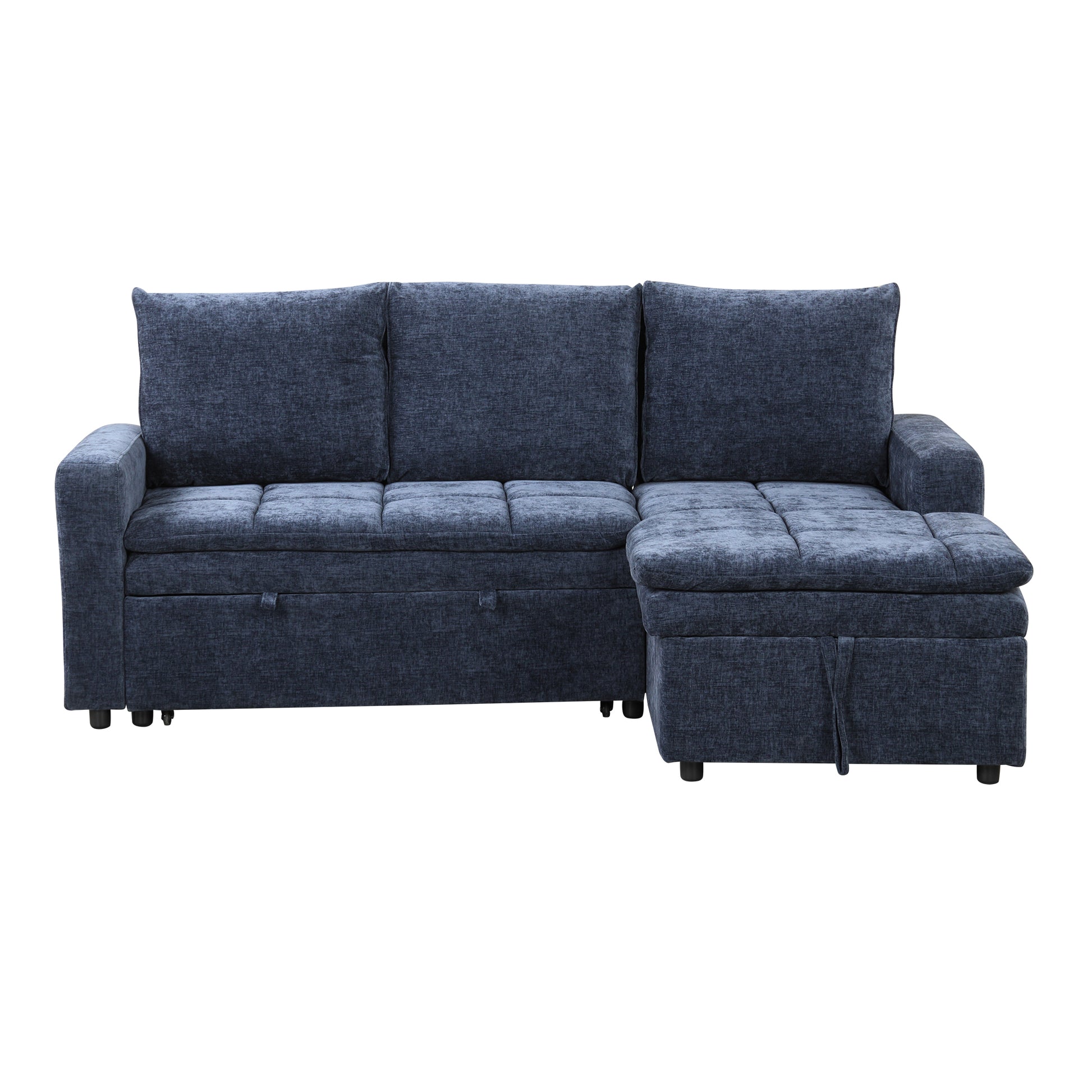 Navy blue fabric sectional sofa with chaise and storage
