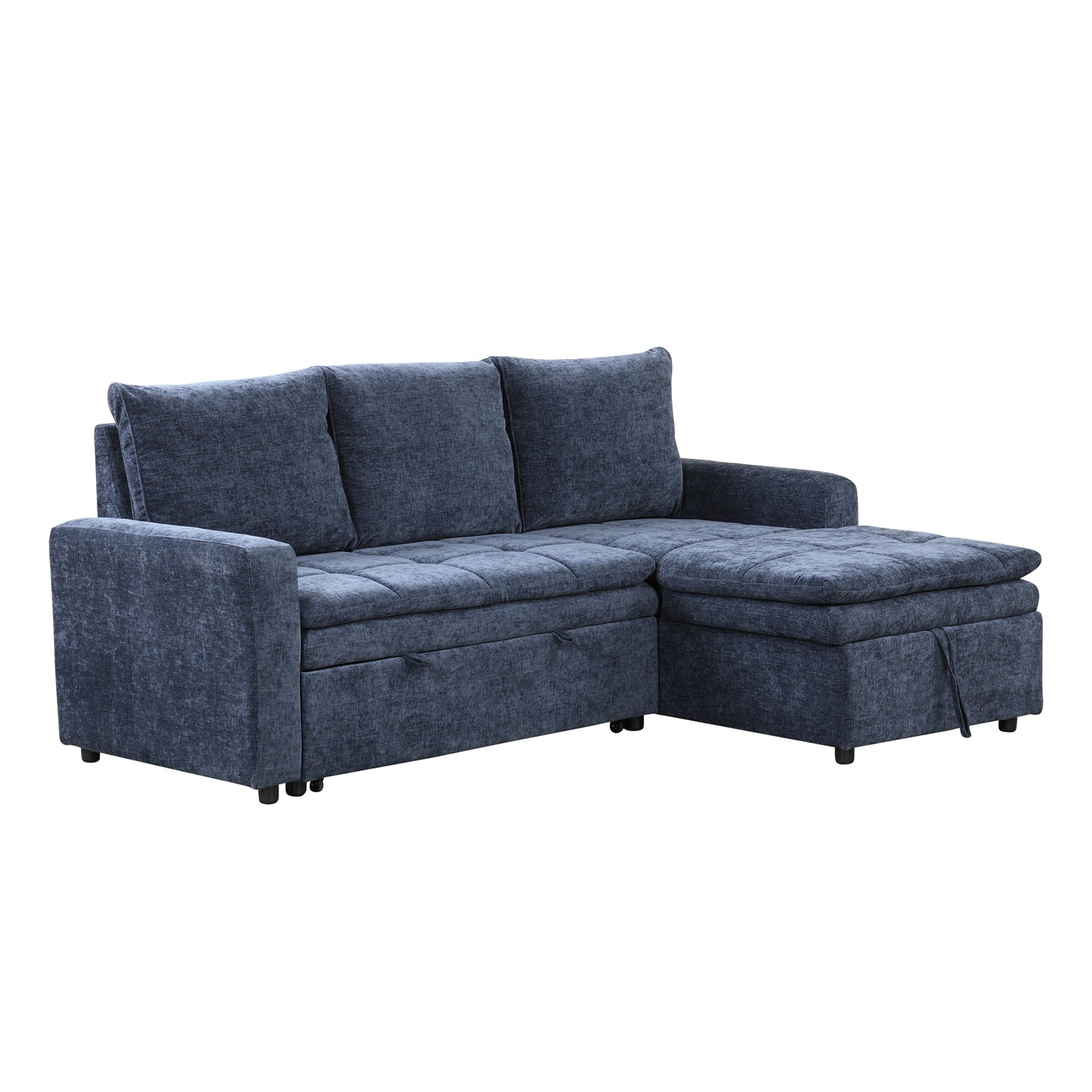 Navy blue chenille sectional sofa with tufted seats and hidden storage compartments