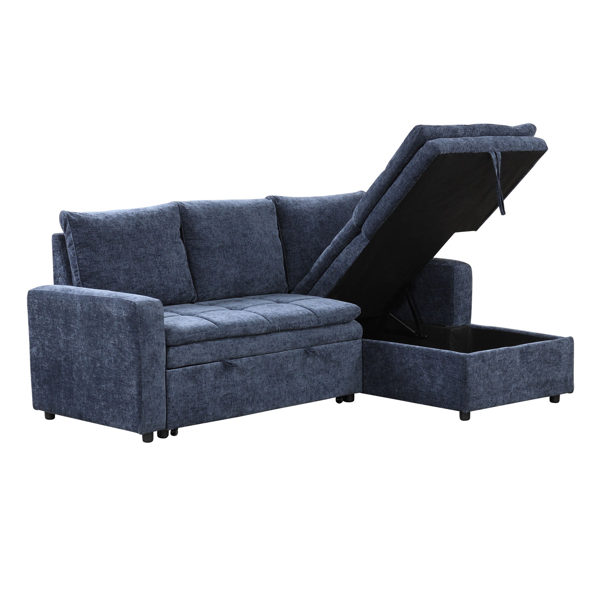 Navy blue sectional sofa with storage chaise and lifted lid