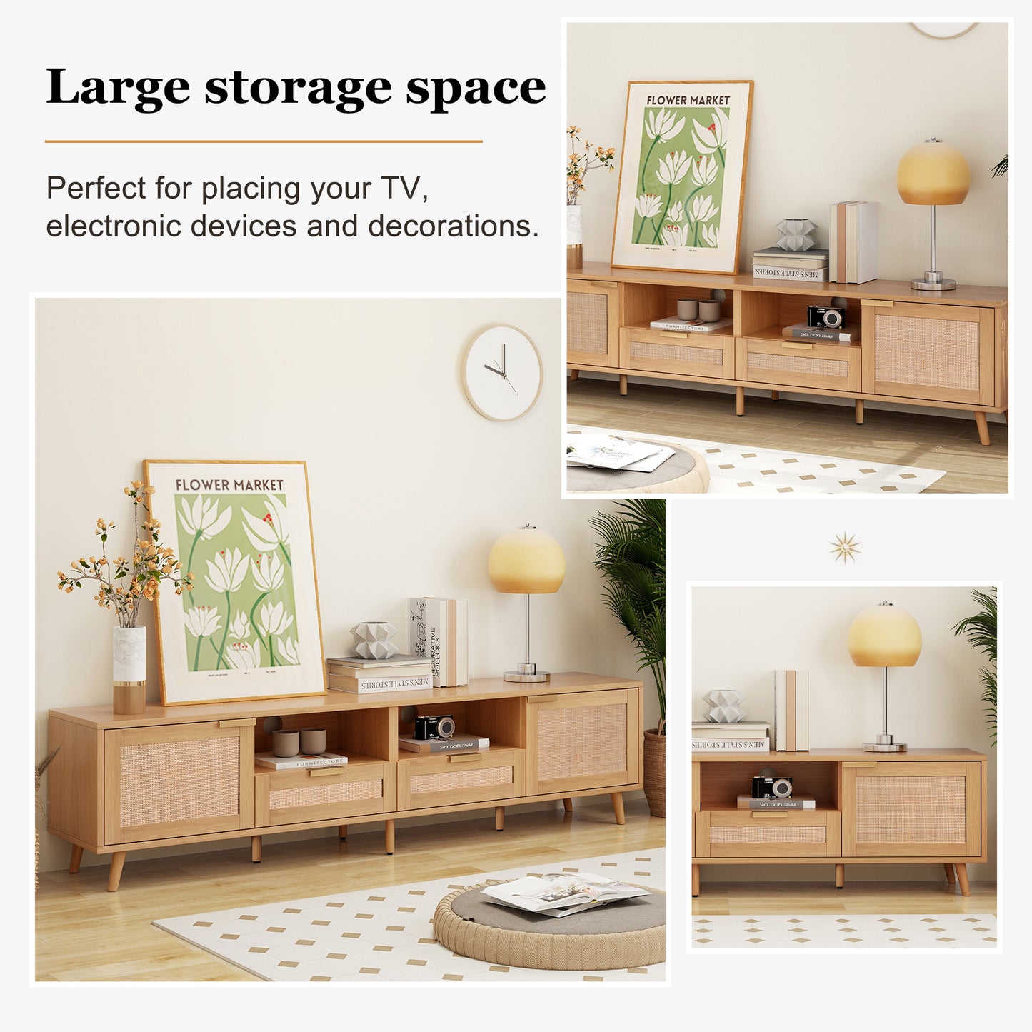Wooden media console with rattan doors perfect for living rooms