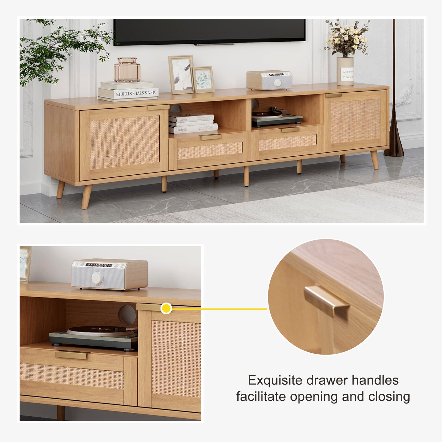 Natural wood media console with rattan door inserts and gold hardware