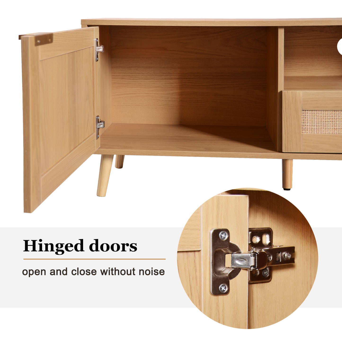 Wooden cabinet with open hinged door revealing interior storage