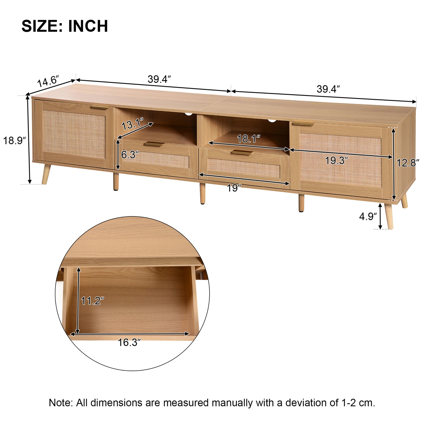 Light oak media console with woven cane doors and brass handles  long