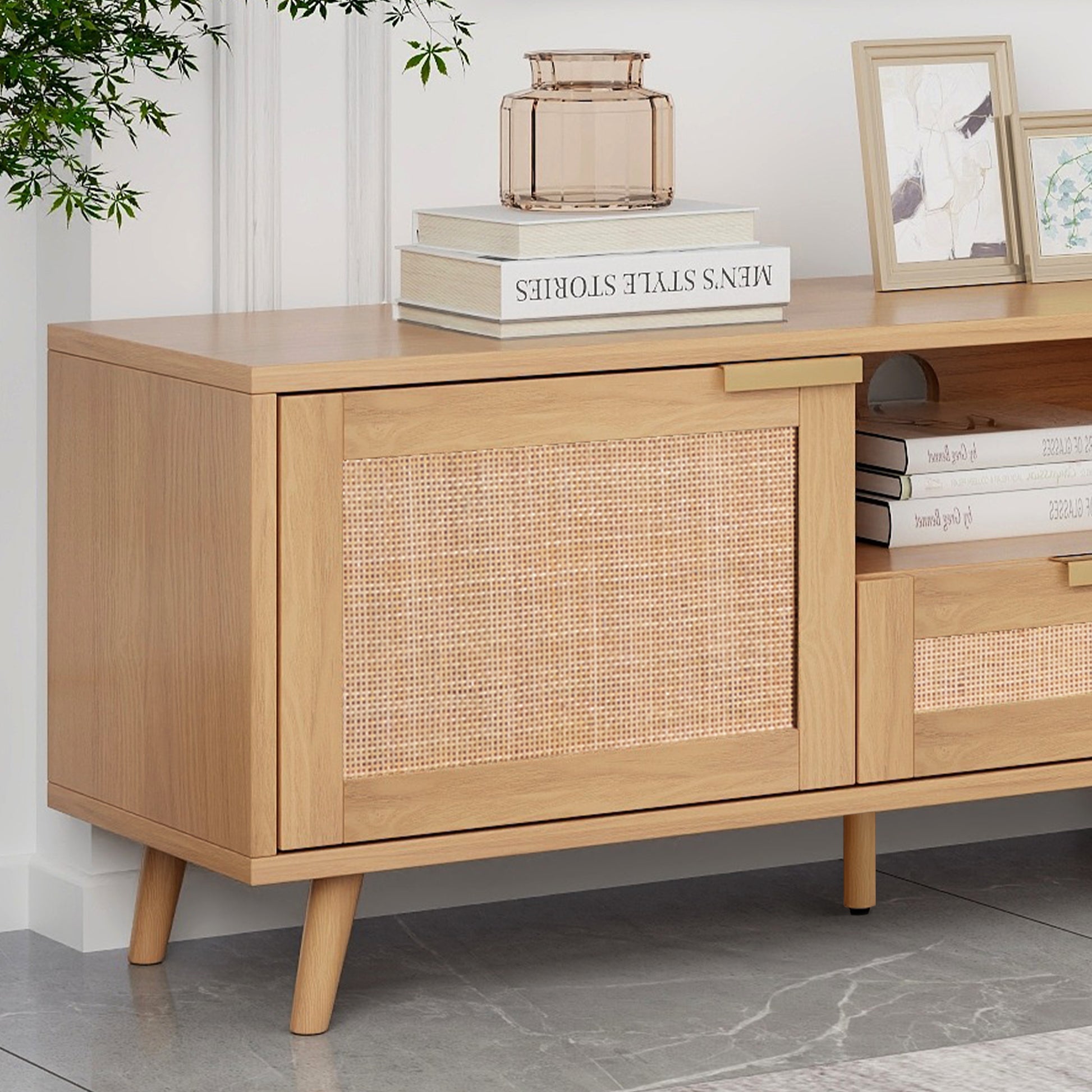 Natural wood media console with woven rattan cabinet doors and brass handles
