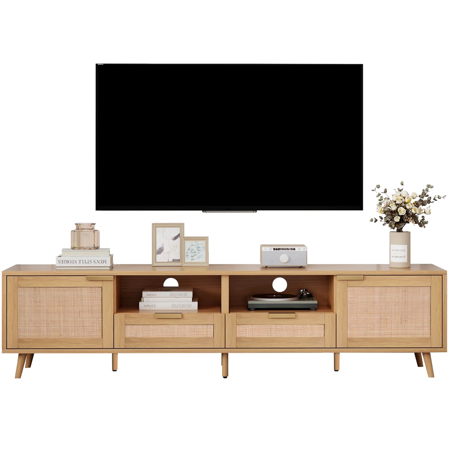 Light oak media console with rattan cane doors and gold hardware perfect for a modern living room