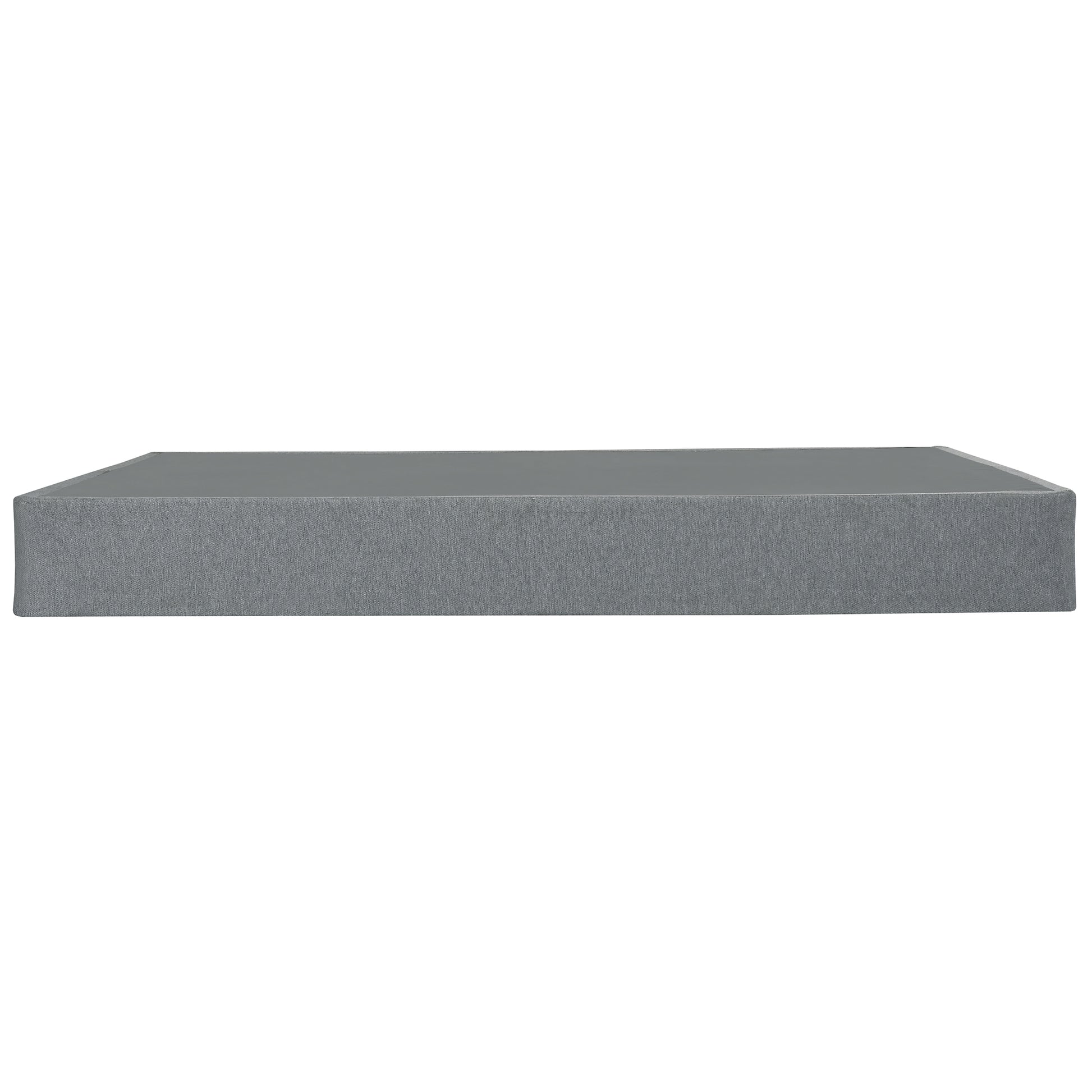 Grey upholstered king size bed frame with clean lines and a low profile