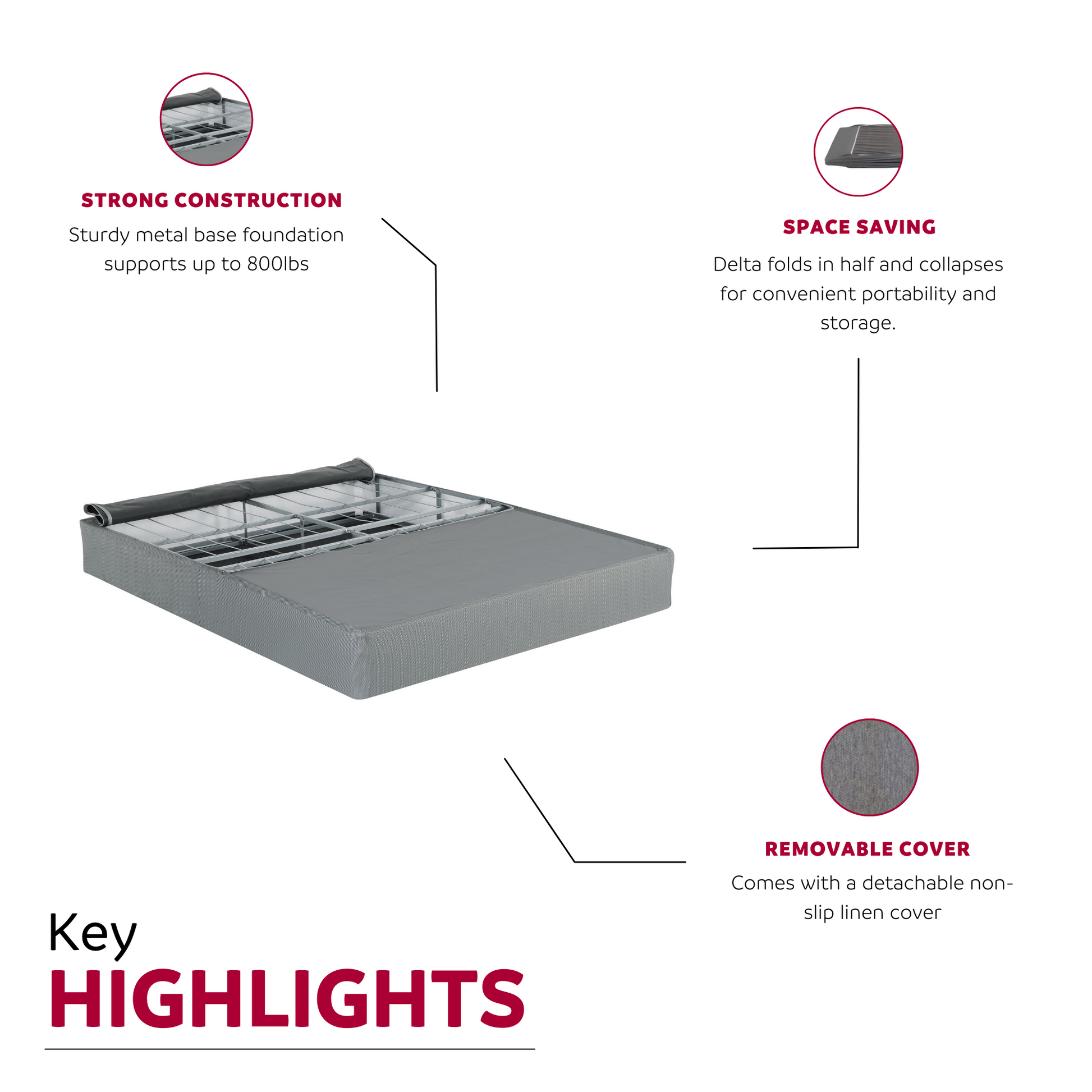 Sturdy metal bed frame foundation with removable grey linen cover
