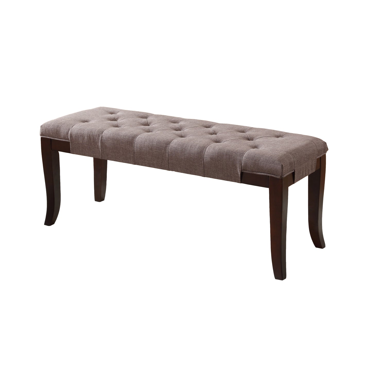 Brown tufted upholstered bench with dark wood legs