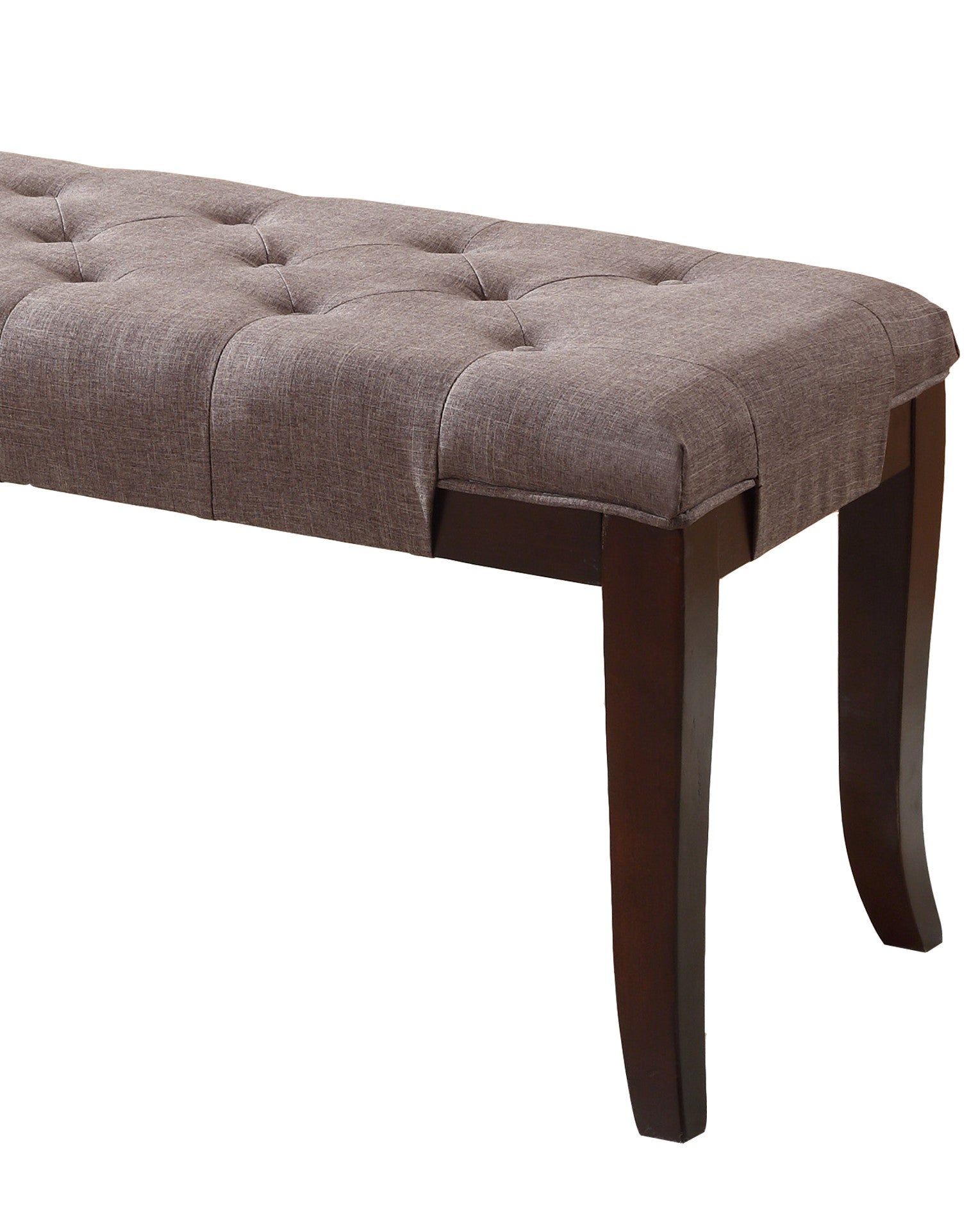 Tufted grey fabric bench with dark wood legs
