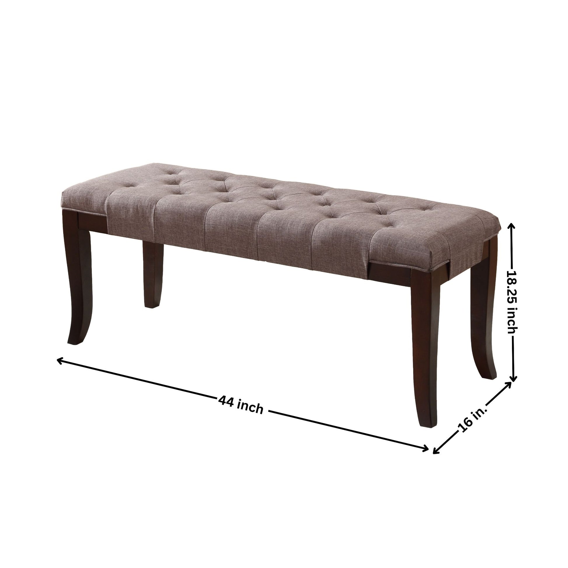 Tufted grey linen upholstered bench with dark wood legs