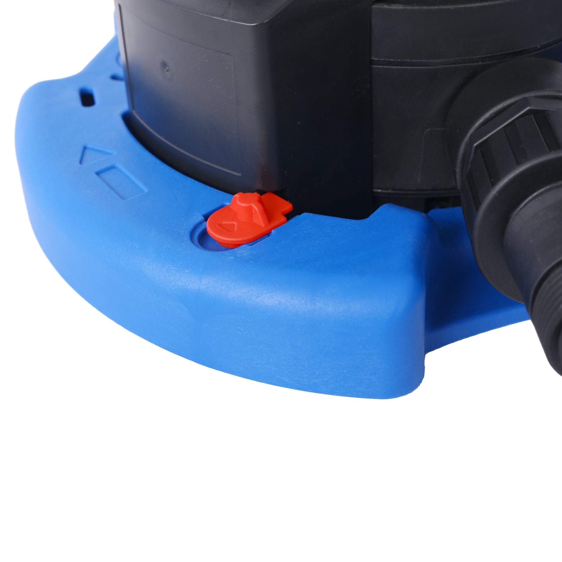 Closeup of a blue submersible pump base with a red manual override switch