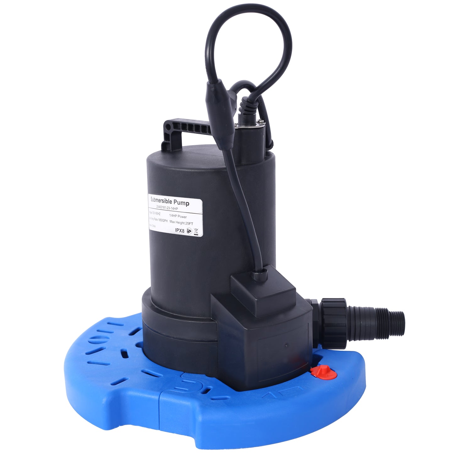 Black  HP submersible pump with a blue base and red switch ideal for ponds