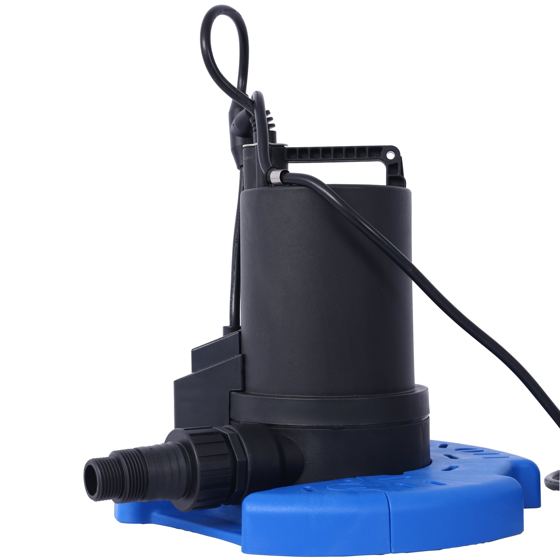 Black submersible pump with blue base and ribbed outlet fitting for drainage