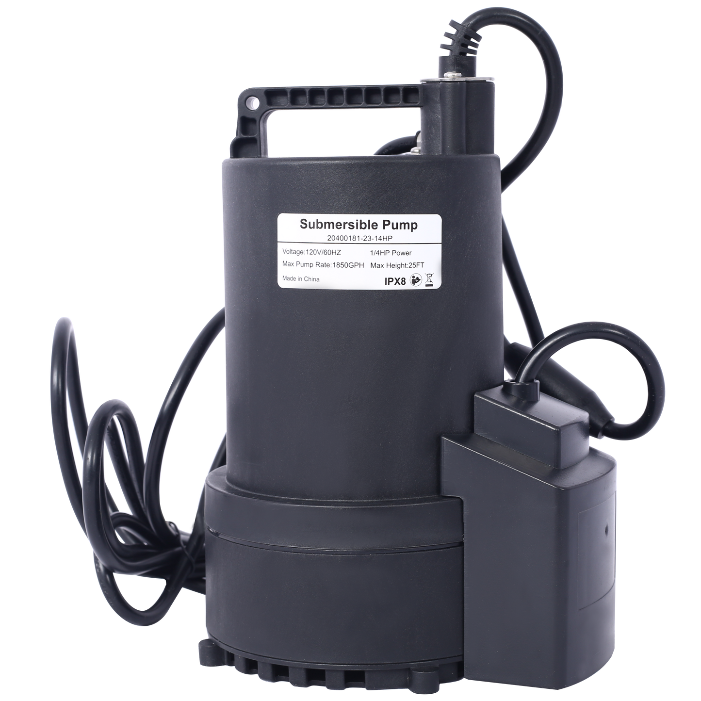Black submersible pump with  HP power GPH max rate and FT max height