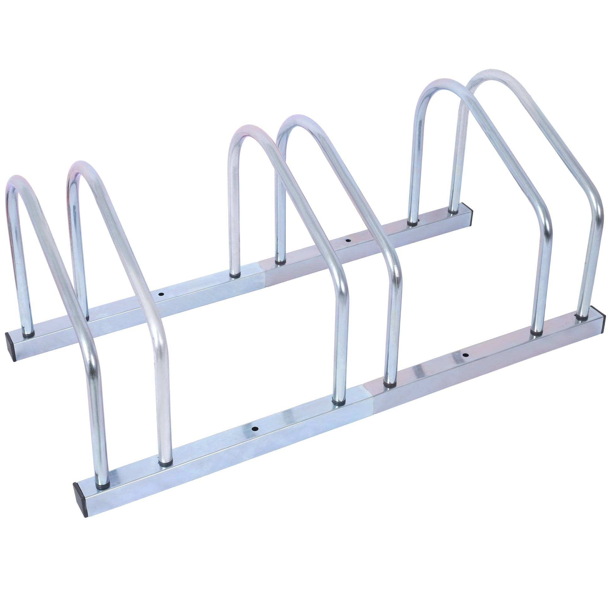 Silver metal bicycle rack with arches for  bikes
