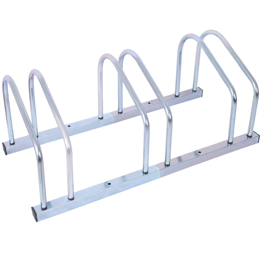 Silver metal bicycle rack with arches for  bikes