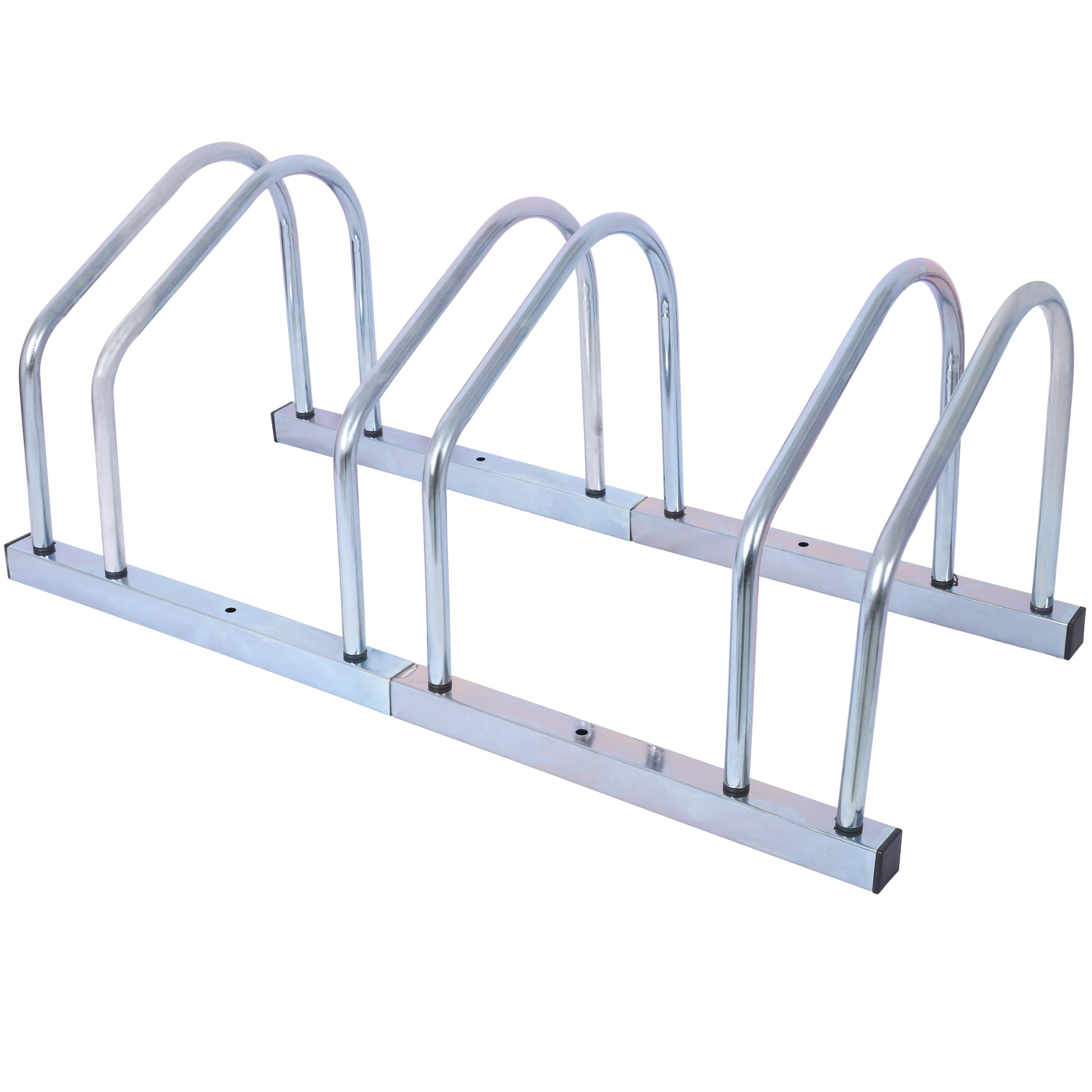 Silver metal bike rack with arched supports for secure bicycle parking