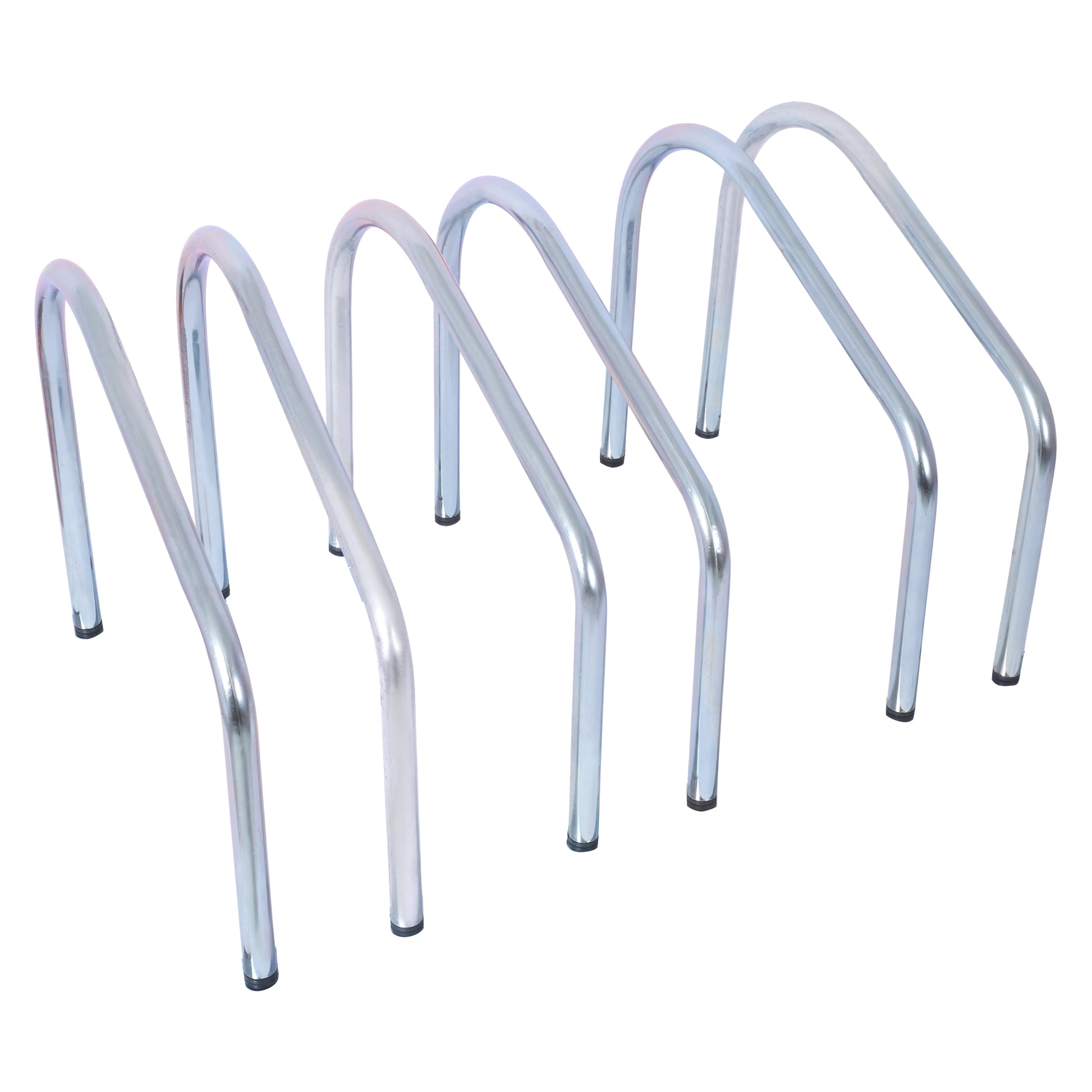 Silver metal bike rack with five curved loops for secure bicycle parking