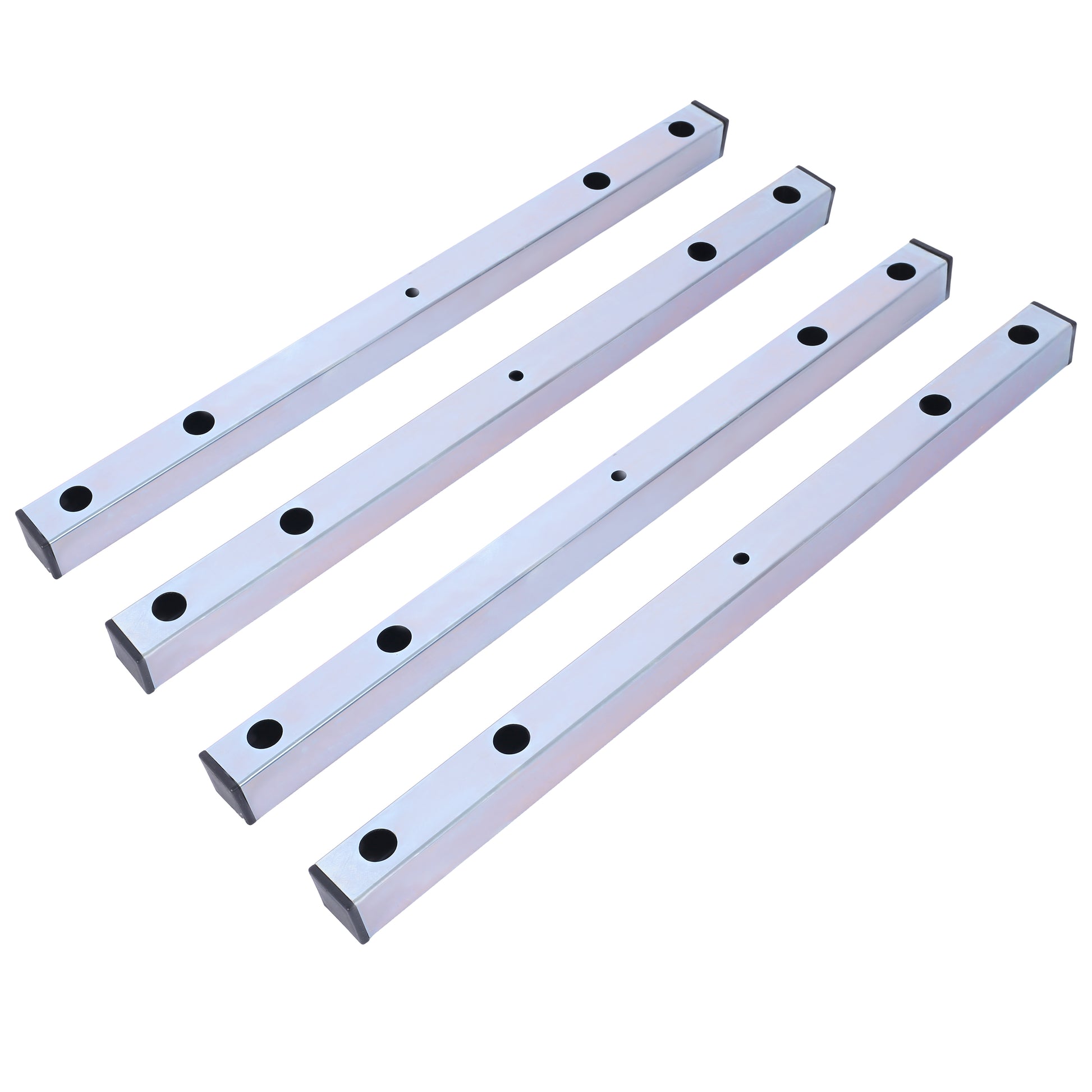 Four silver aluminum square tubes with black end caps and drilled holes for assembly