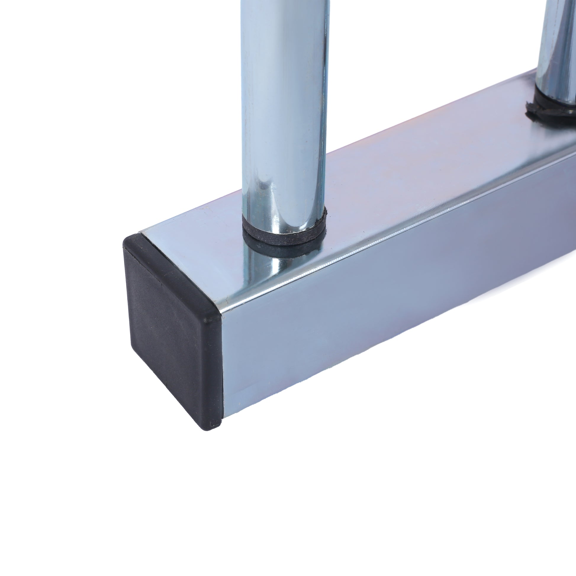 Chromeplated metal bar with black rubber foot for stability on furniture legs