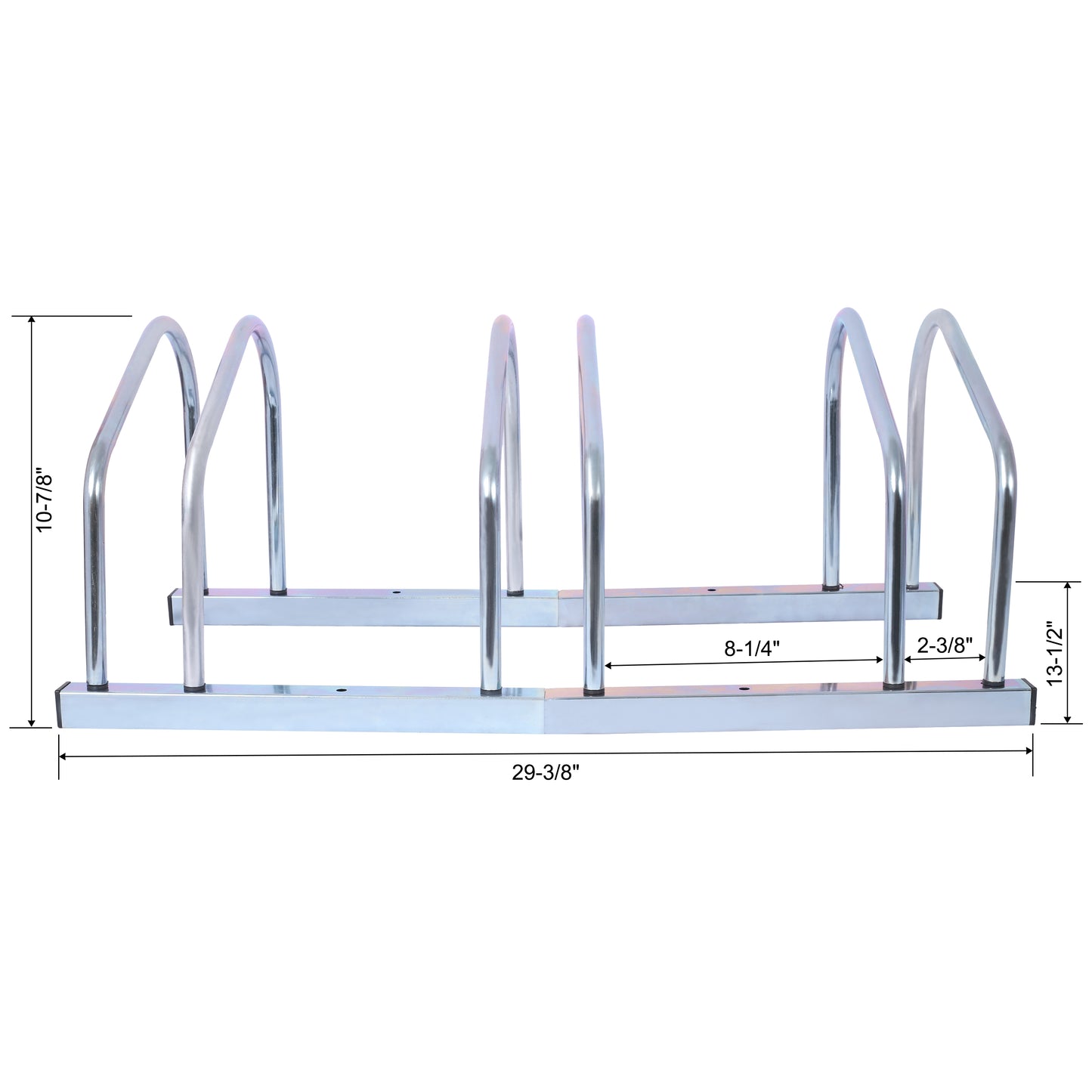 Silver metal bicycle rack with three slots for parking bikes
