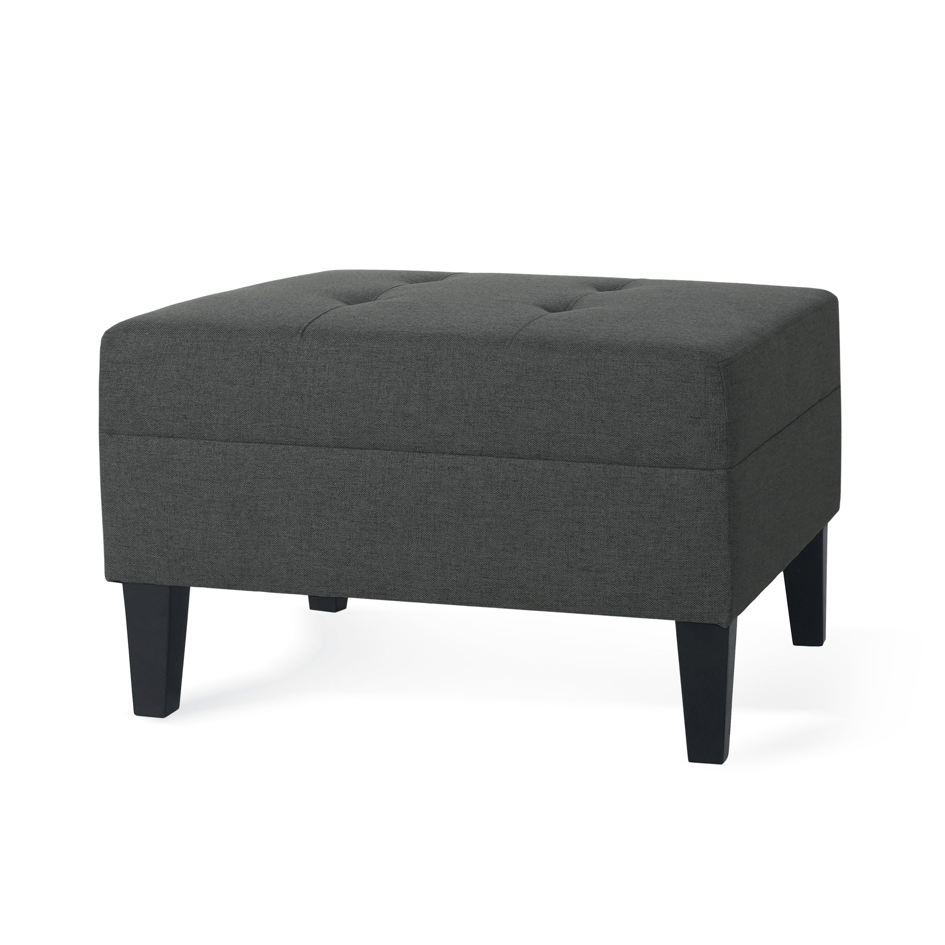 Tufted dark gray fabric ottoman with four black tapered legs ideal for living room accent