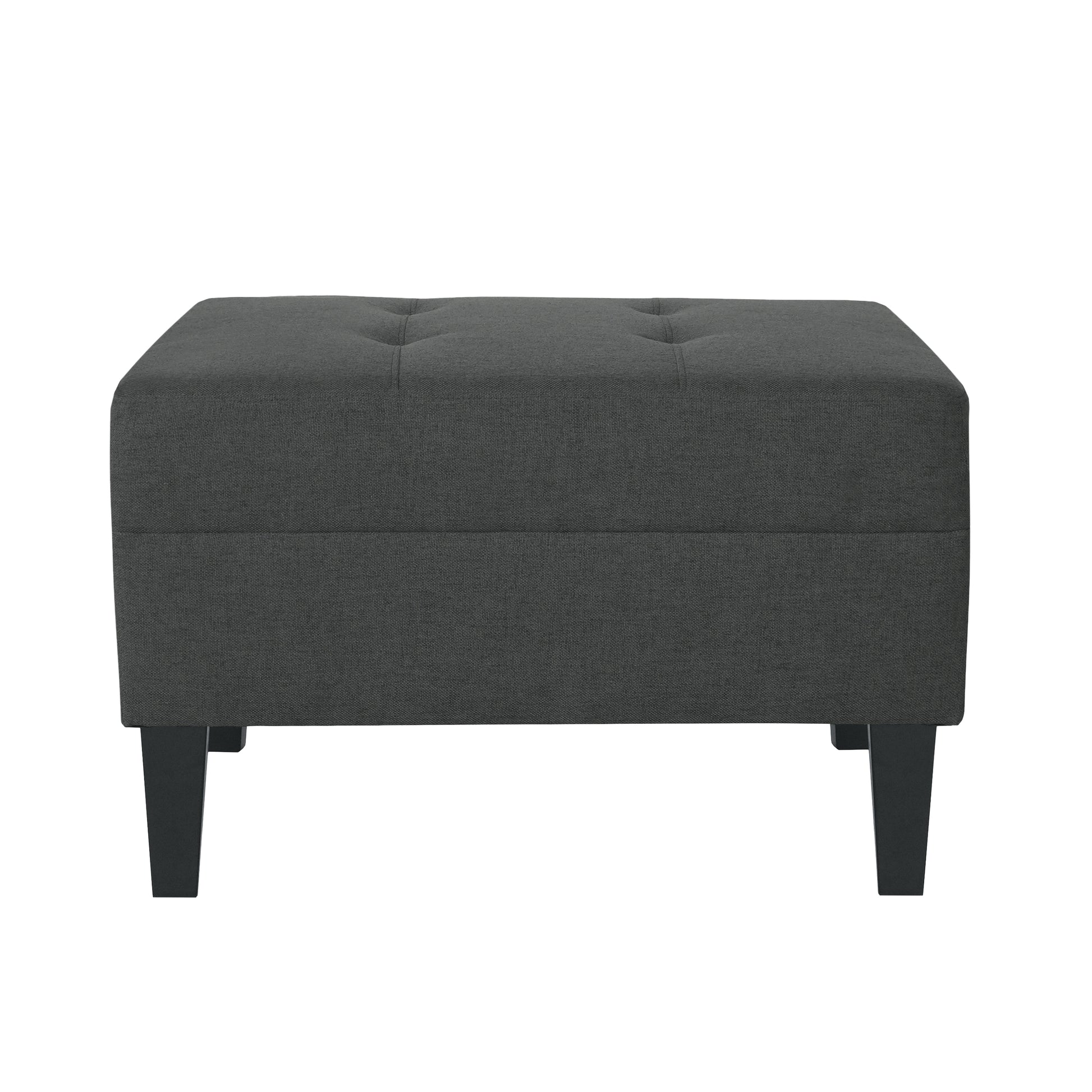 Tufted charcoal fabric ottoman with dark wooden legs a modern accent furniture piece