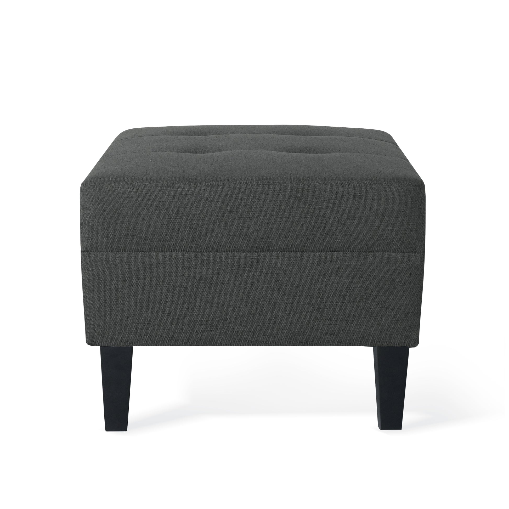 Tufted dark gray fabric ottoman with tapered black legs perfect for living rooms