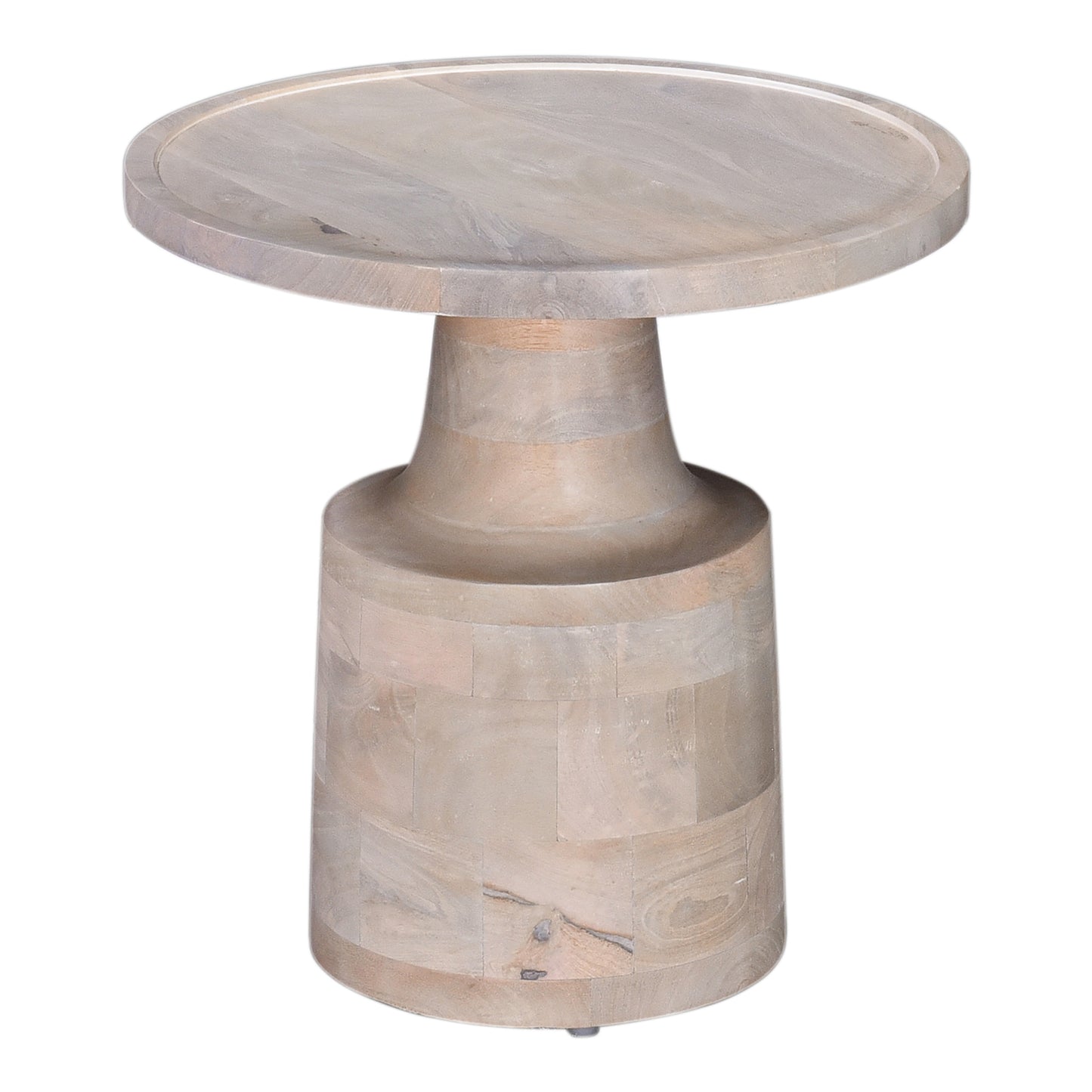 Round whitewashed wood accent table with a pedestal base for modern living rooms