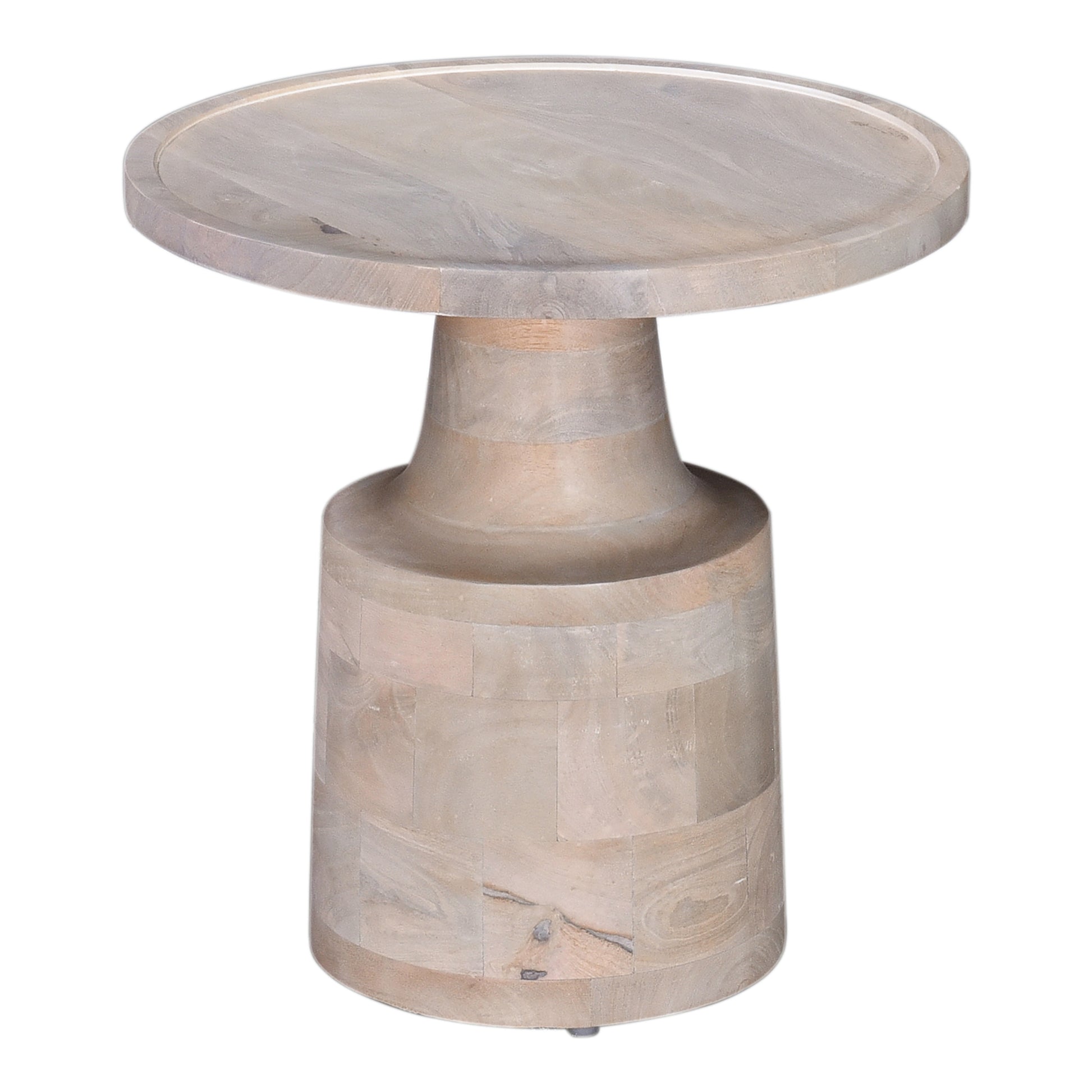 Round whitewashed wood accent table with a pedestal base for modern living rooms