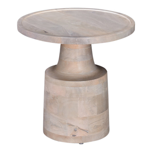 Round whitewashed wood accent table with a pedestal base for modern living rooms