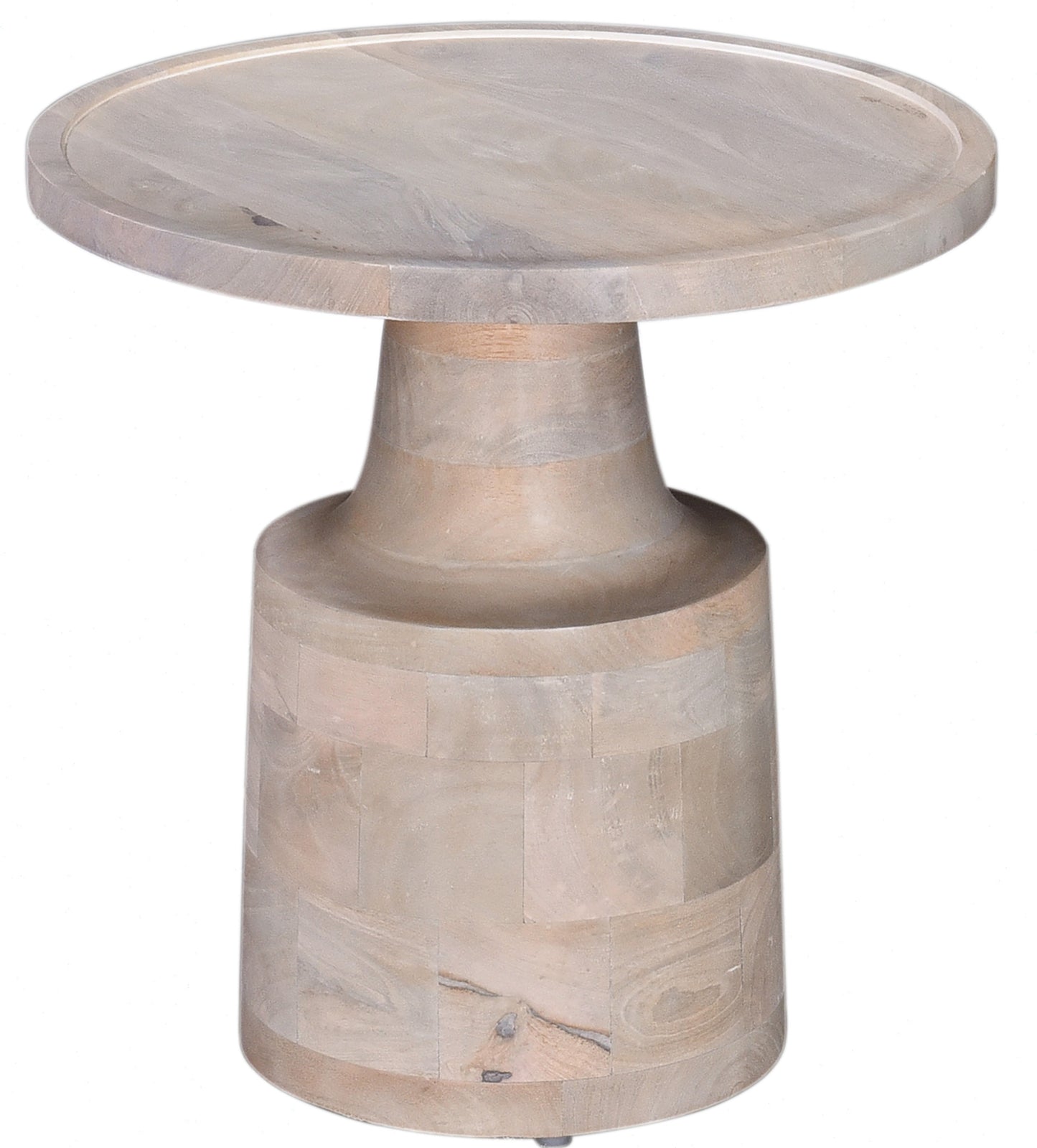 Round wooden side table with natural wood grain and textured base
