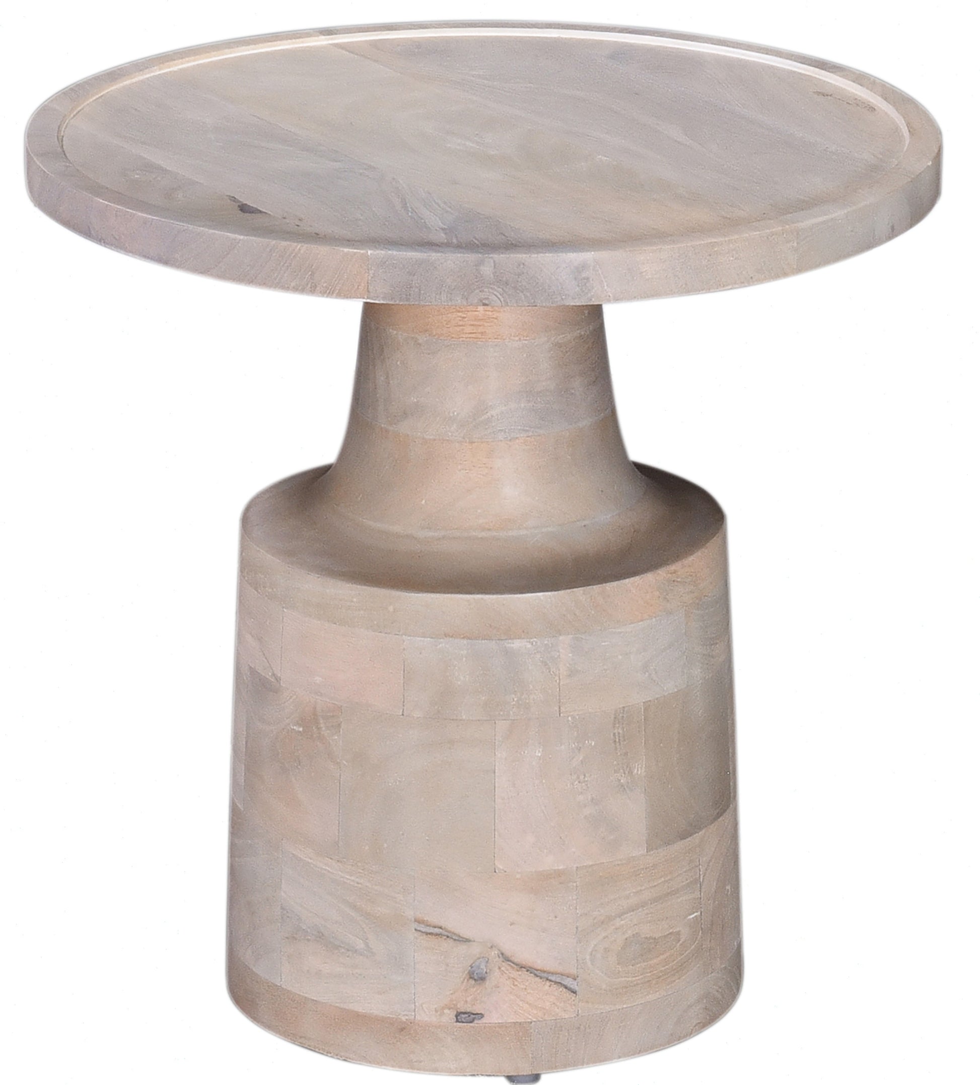 Round wooden side table with natural wood grain and textured base