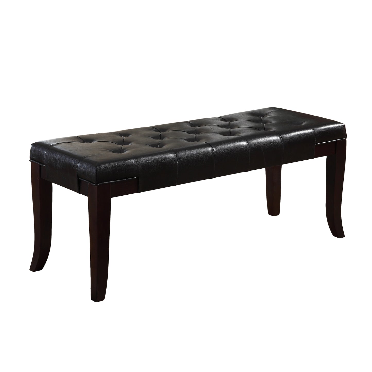 Black tufted faux leather bench with dark wood legs