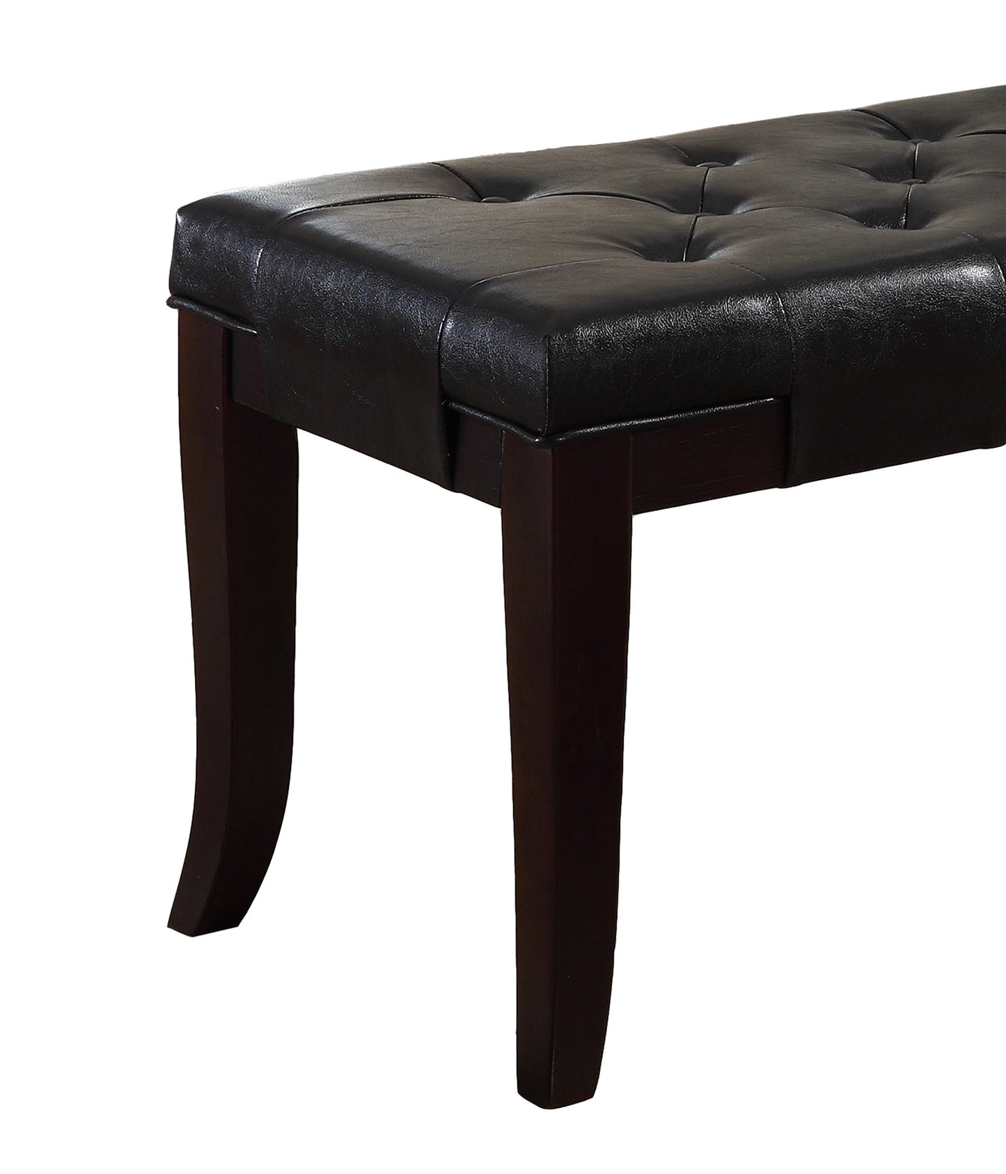 Tufted black faux leather bench with dark wood legs