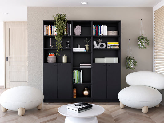 Black modern modular bookcase with books plants and decor items